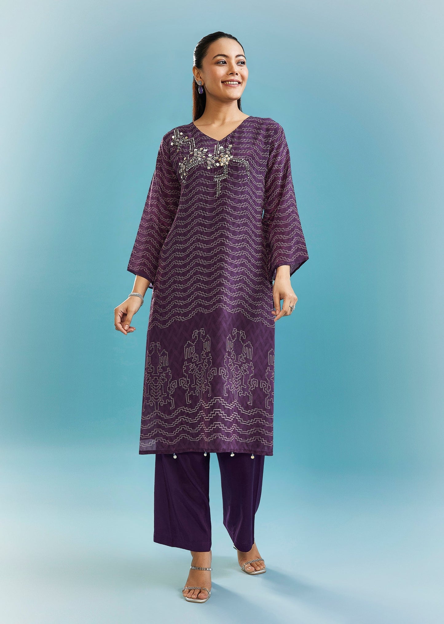 Purple Kurta Set With Cut Dana And Sequins Work