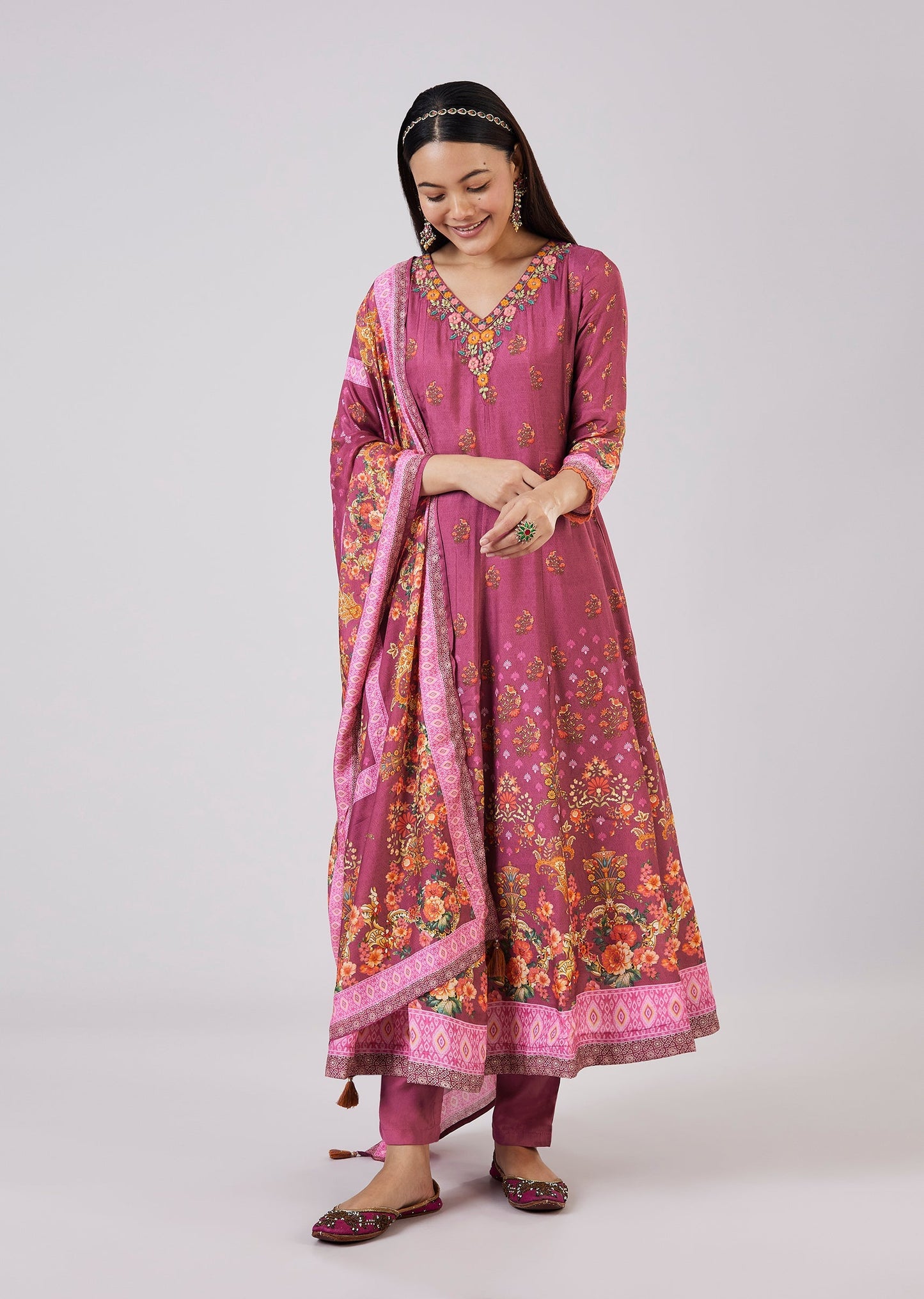 Purple Muslin Anarkali Set With Thread Work
