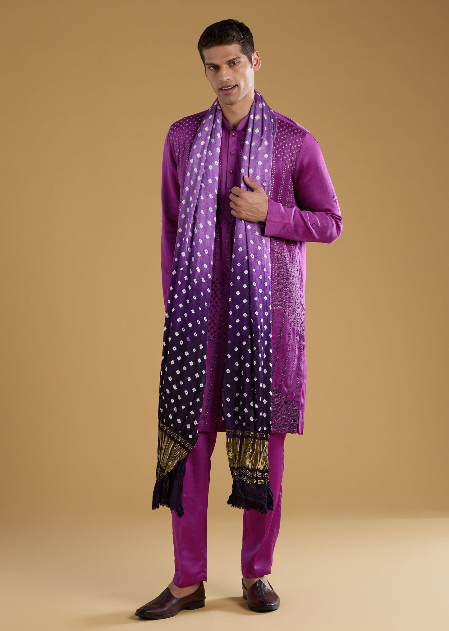 Purple Ombre Hand Dyed Bandhani Silk Dupatta