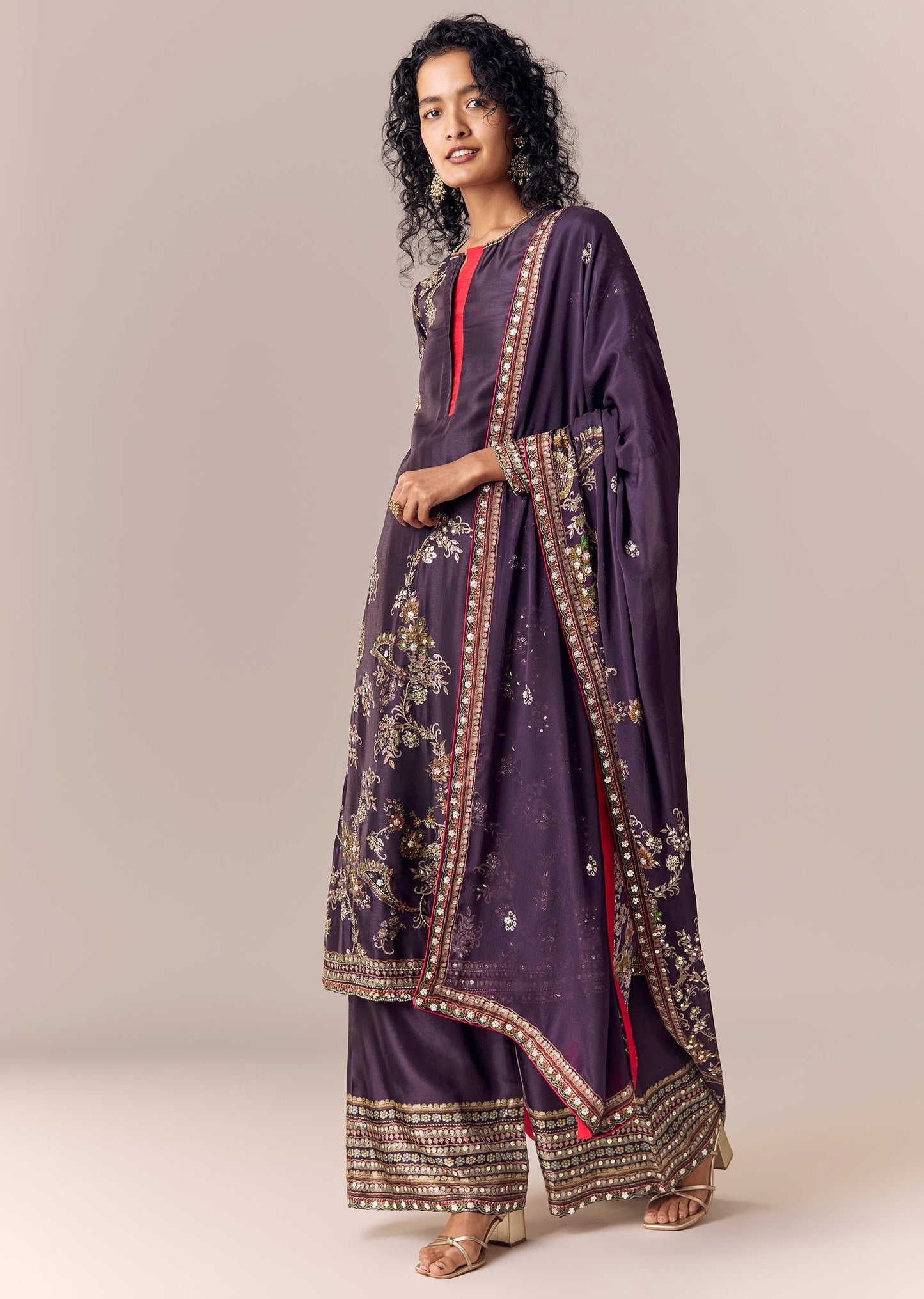 Purple Printed Kurta Palazzo Set With Dupatta