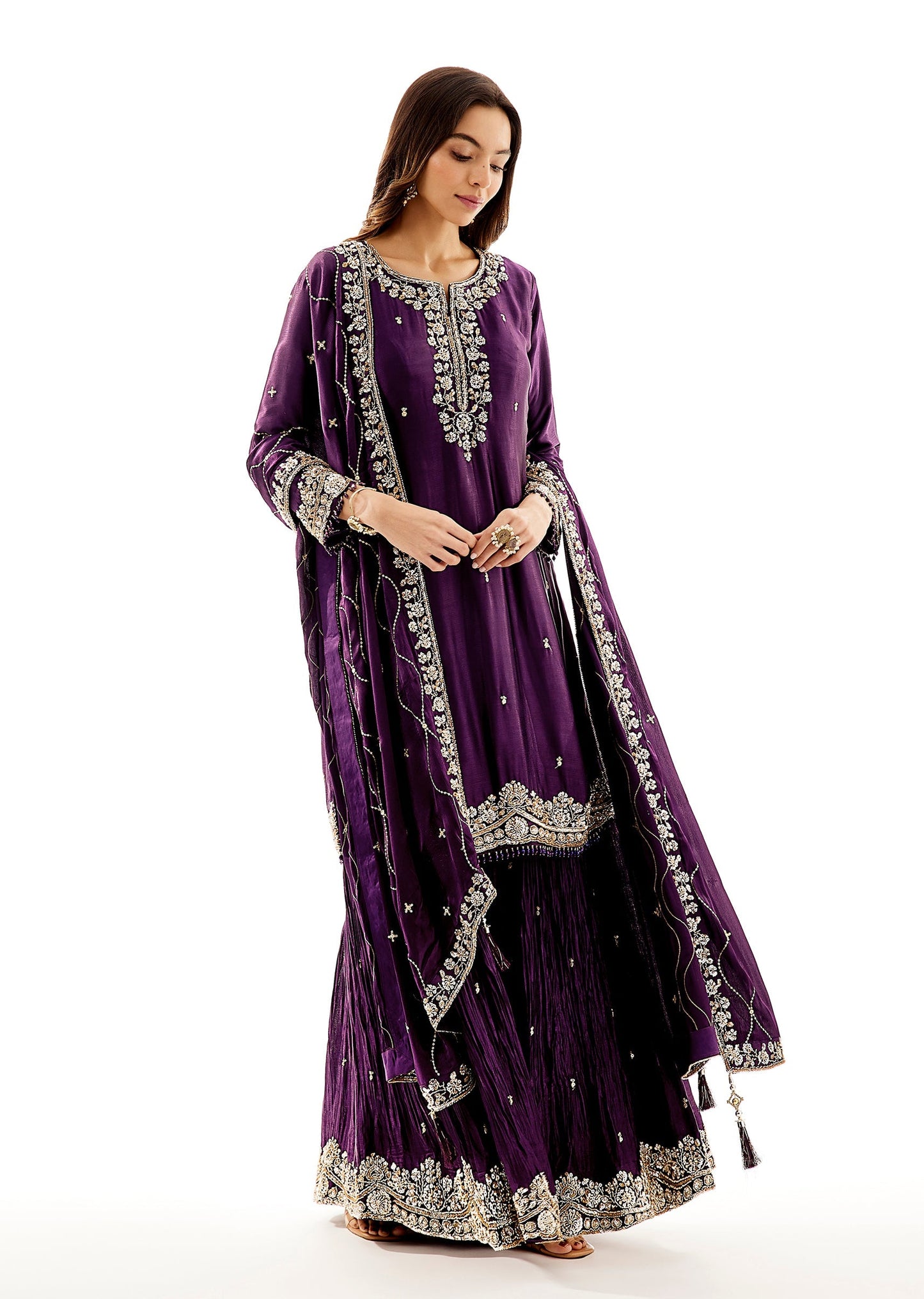 Purple Satin Palazzo Dupatta Set With Cutdana And Sequins Work