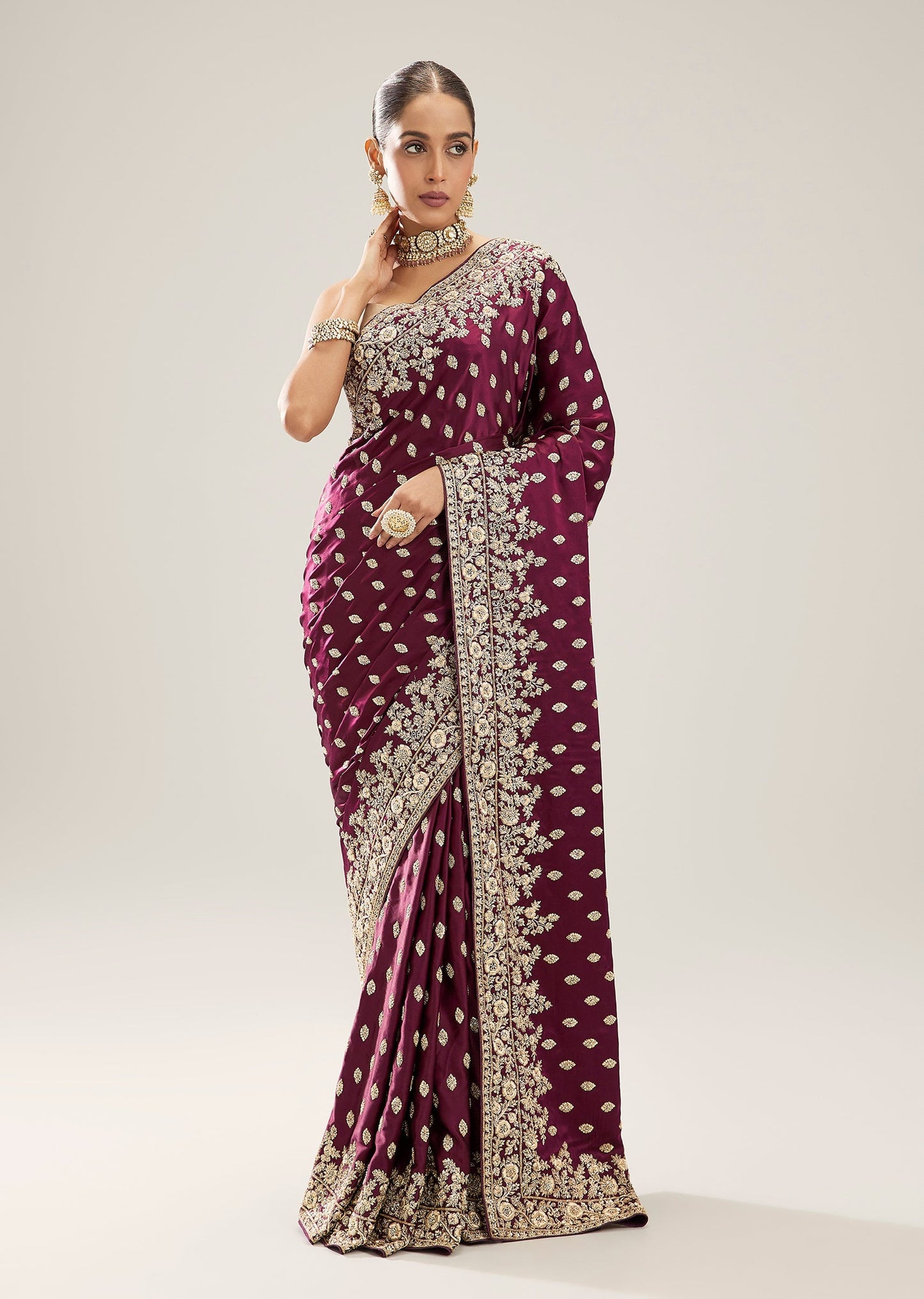 Purple Satin Saree With Heavy Zardosi Butti Work