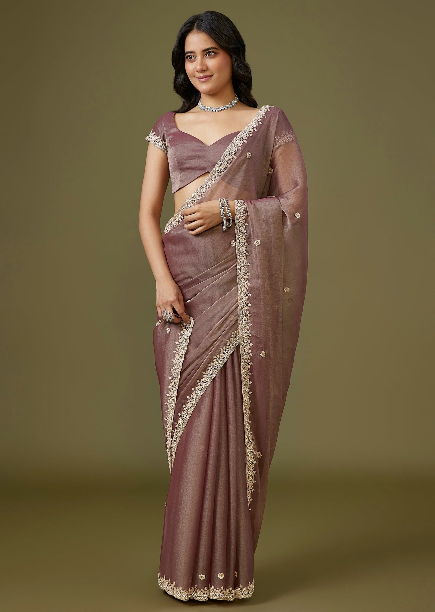 Purple Tissue Saree With Floral Border