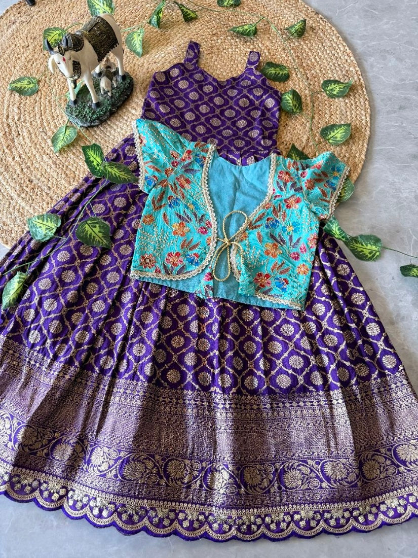 Evanik Festive Wear Purple Dola Silk zari and thread weaving Gown With Position Print Koti