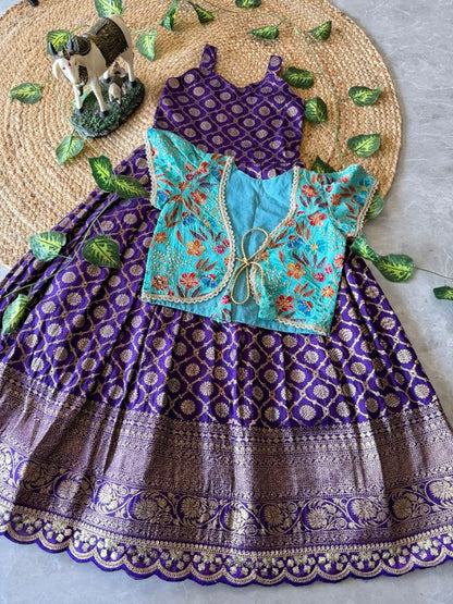 Evanik Festive Wear Purple Dola Silk zari and thread weaving Gown With Position Print Koti