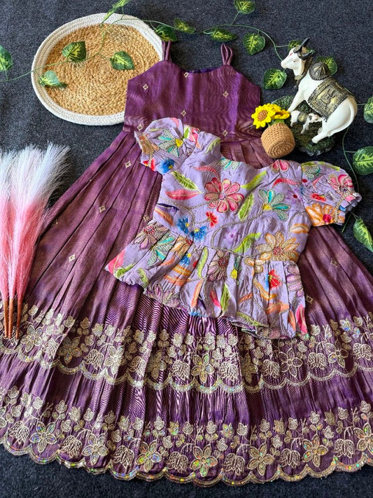 Evanik Designer Purple Tissue Silk Embroidered Work Gown With koti for Kids