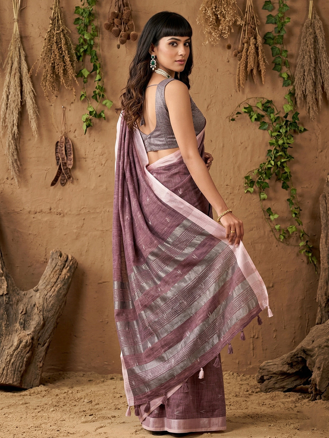 Anaita Purple Linen Cotton Zari Work Saree With Blouse