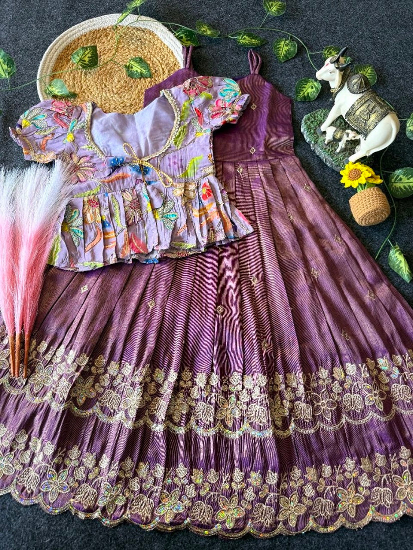 Evanik Designer Purple Tissue Silk Embroidered Work Gown With koti for Kids