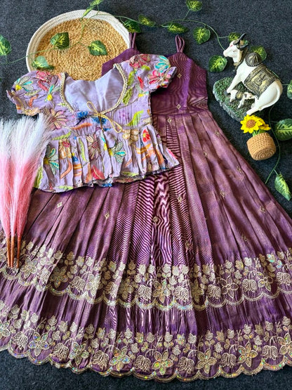 Evanik Designer Purple Tissue Silk Embroidered Work Gown With koti for Kids