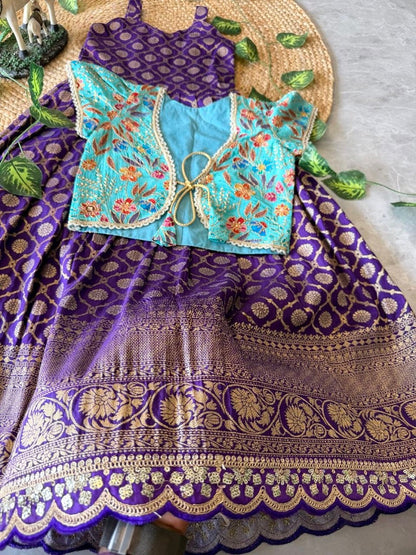 Evanik Festive Wear Purple Dola Silk zari and thread weaving Gown With Position Print Koti