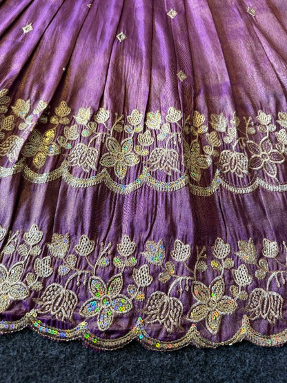Evanik Designer Purple Tissue Silk Embroidered Work Gown With koti for Kids