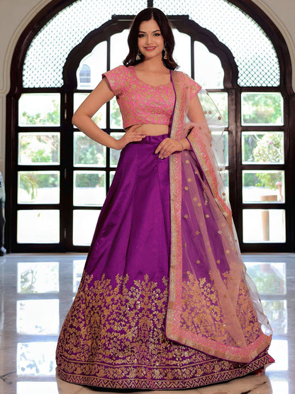 Tulsi Art Glamorous Purple Mulberry Silk Zari Embroidered Lehenga Choli
