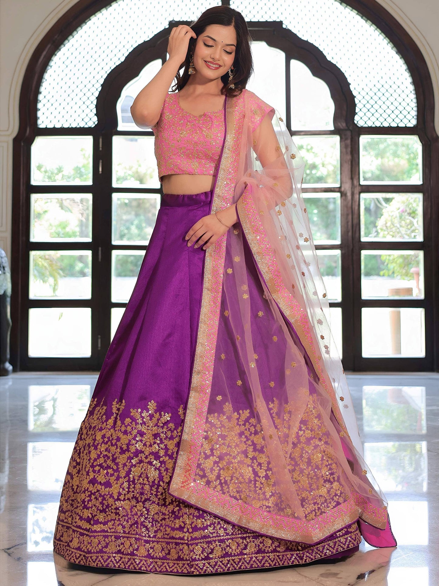 Tulsi Art Glamorous Purple Mulberry Silk Zari Embroidered Lehenga Choli