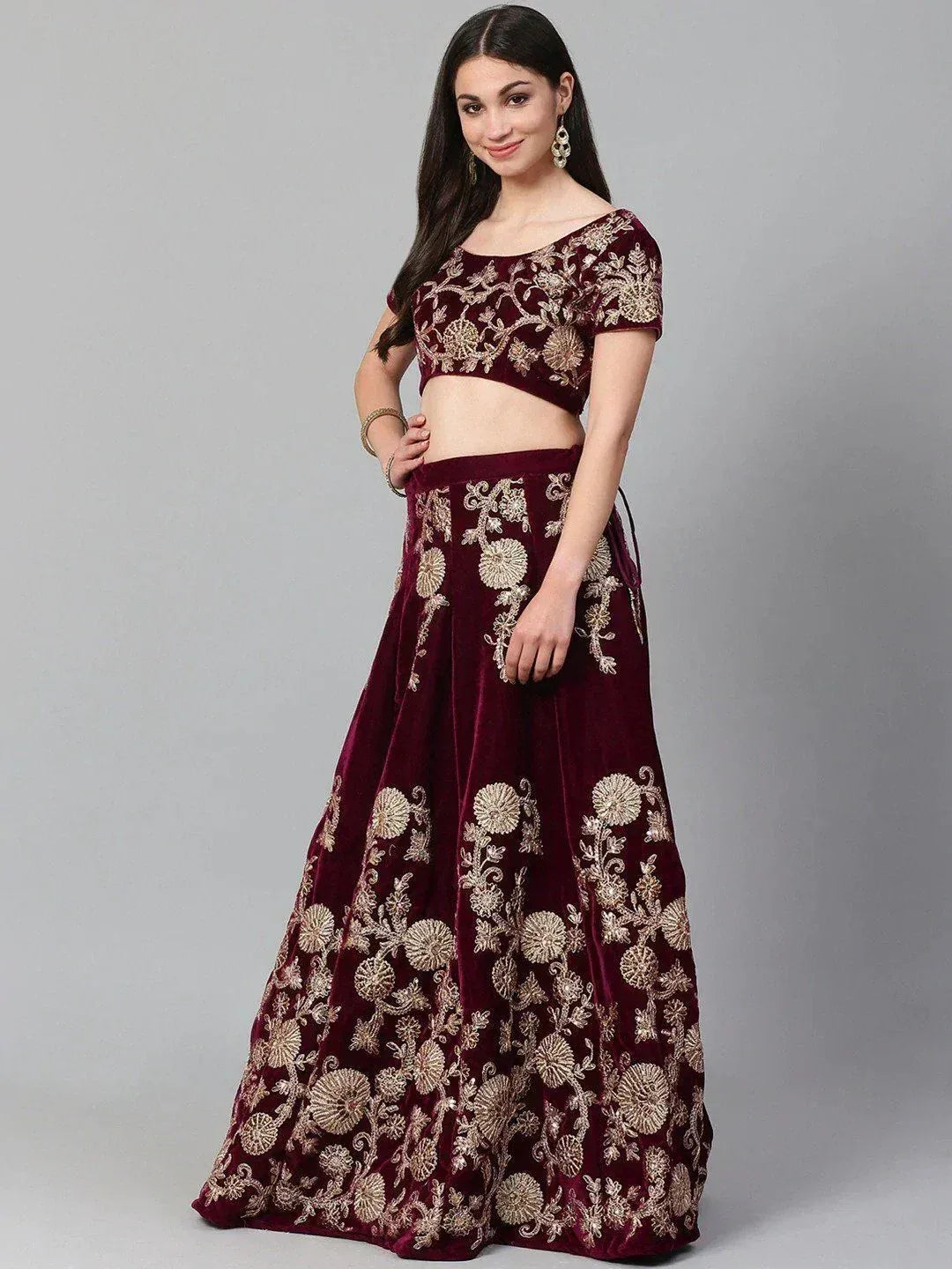 Tulsi Art Purple & Golden Semi-Stitched Myntra Party Wear Lehenga & Unstitched Blouse With Dupatta