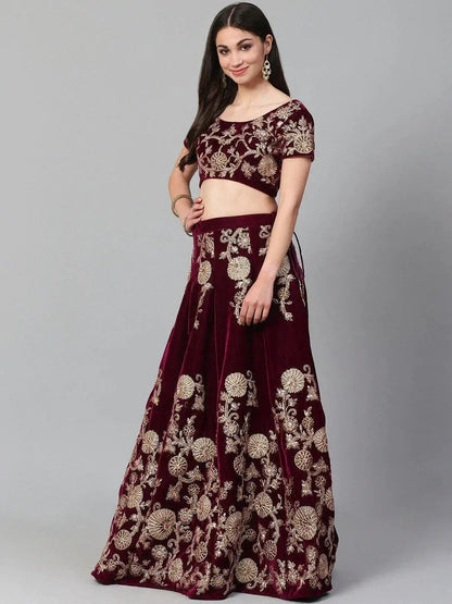 Tulsi Art Purple & Golden Semi-Stitched Myntra Party Wear Lehenga & Unstitched Blouse With Dupatta