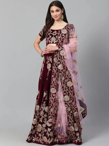 Tulsi Art Purple & Golden Semi-Stitched Myntra Party Wear Lehenga & Unstitched Blouse With Dupatta