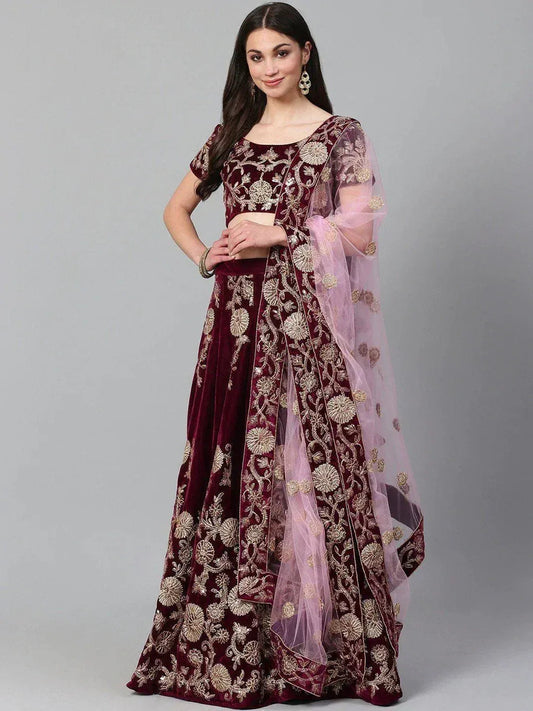 Tulsi Art Purple & Golden Semi-Stitched Myntra Party Wear Lehenga & Unstitched Blouse With Dupatta