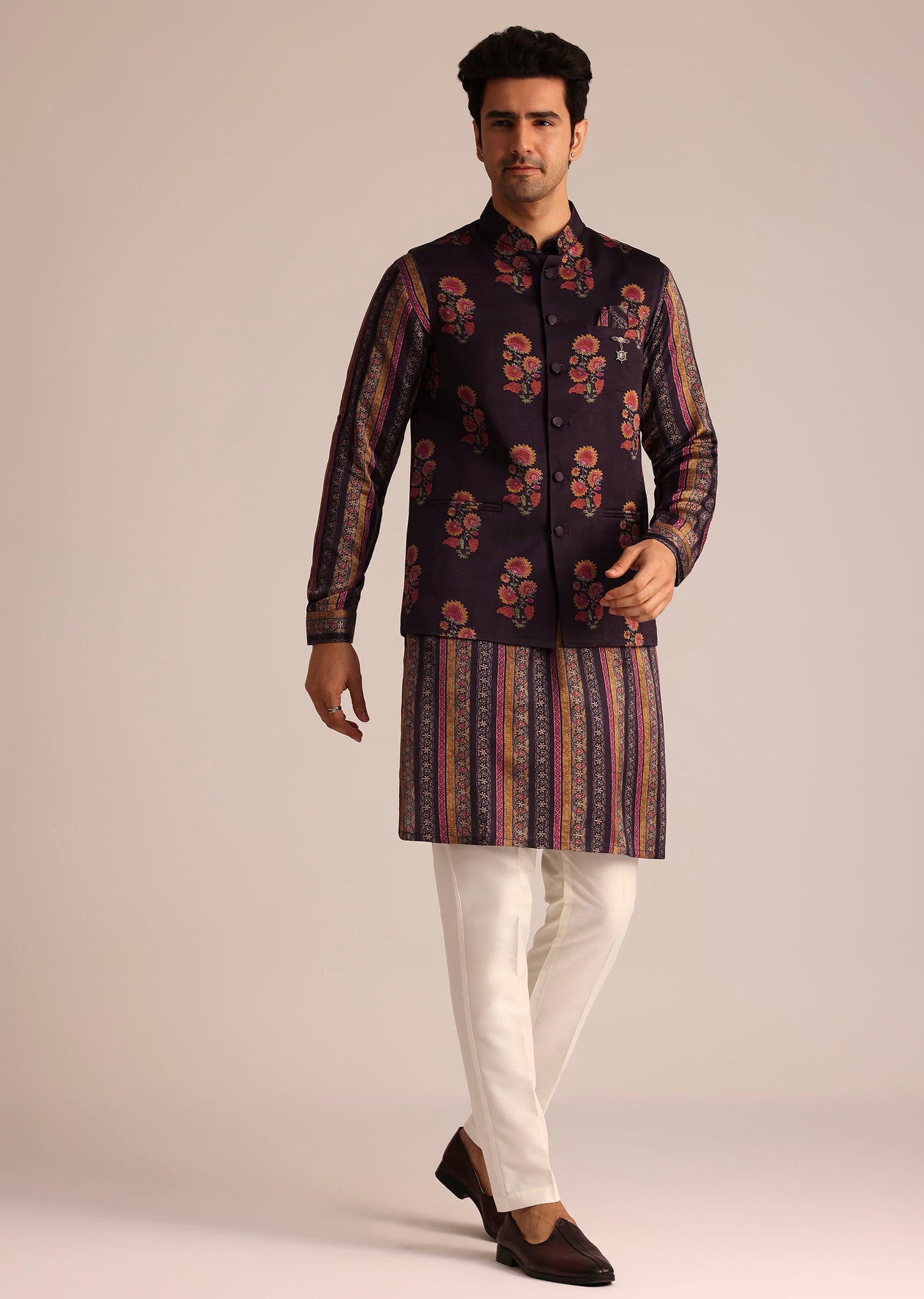 Purple Silk Kurta Set With Floral Print Jacket