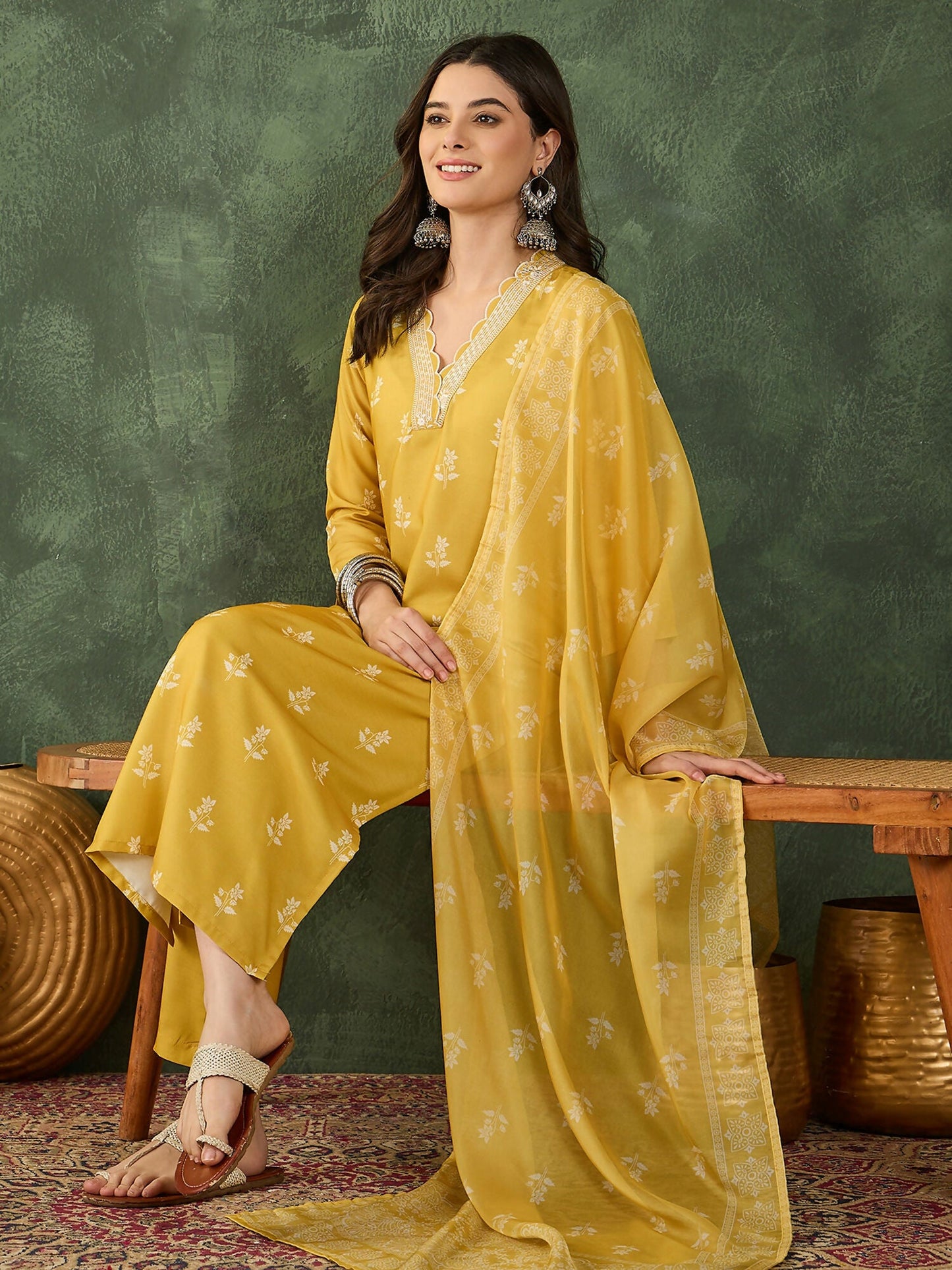 The52 Women's Gorgeous Rayon Fabric Printed Work Straight Kurta Pant and Dupatta Set-Yellow