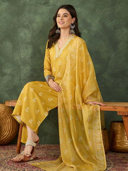 The52 Women's Gorgeous Rayon Fabric Printed Work Straight Kurta Pant and Dupatta Set-Yellow