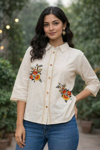 Teeya Creation Womens New Trendy Premium Cotton-Linen Off-White Fusion Shirt Kurti with Floral Embroidery