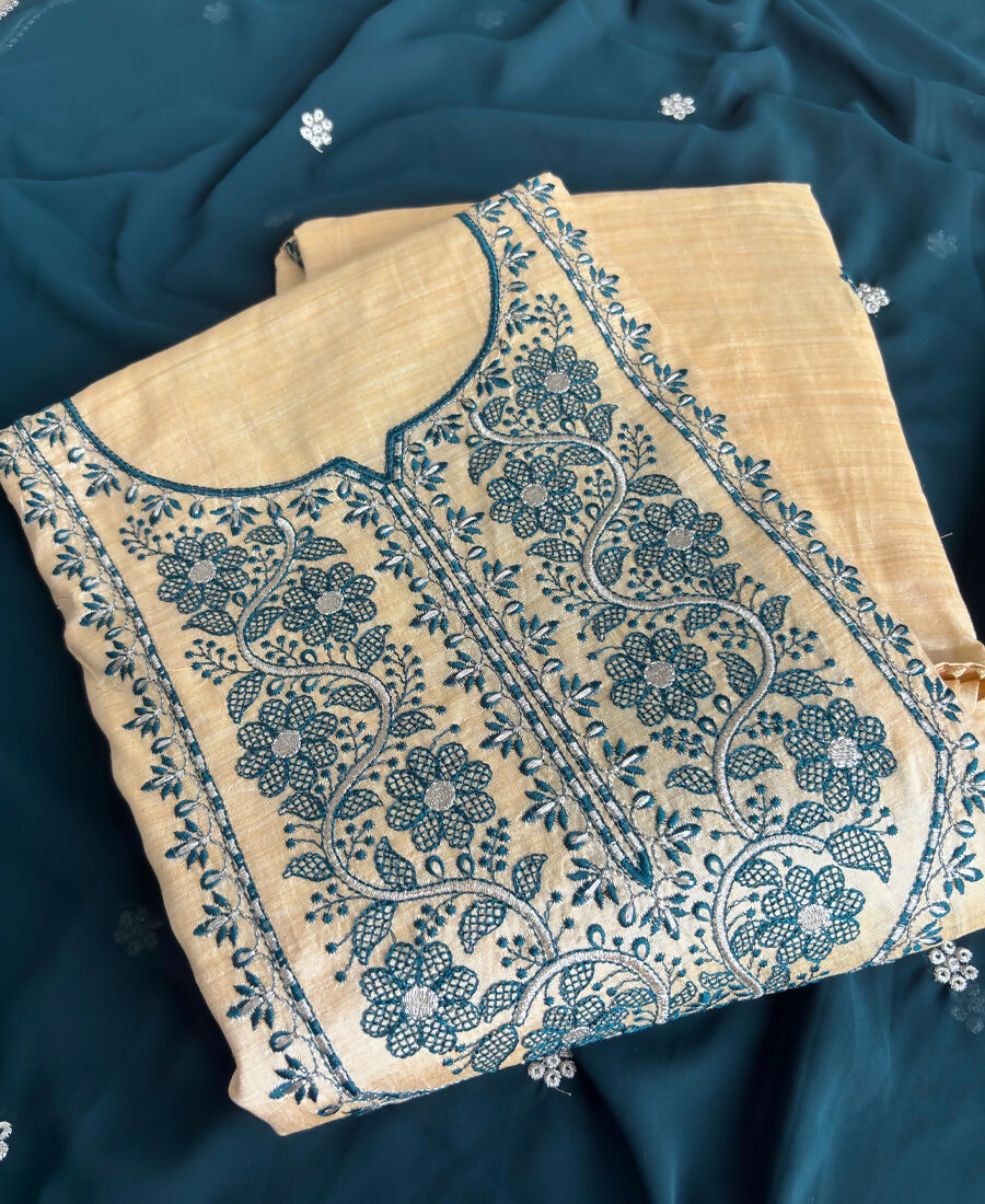 KC Khadi Cotton White Suit With Blue Dupatta 3 Piece Pair For Women