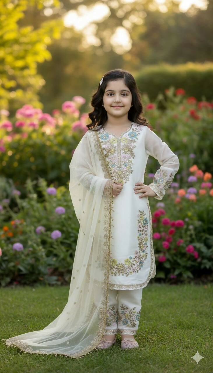 Teeya Creation Trendy Stylish Kids Wear Heavy Embroidery Sequence Work Kurta Set -White