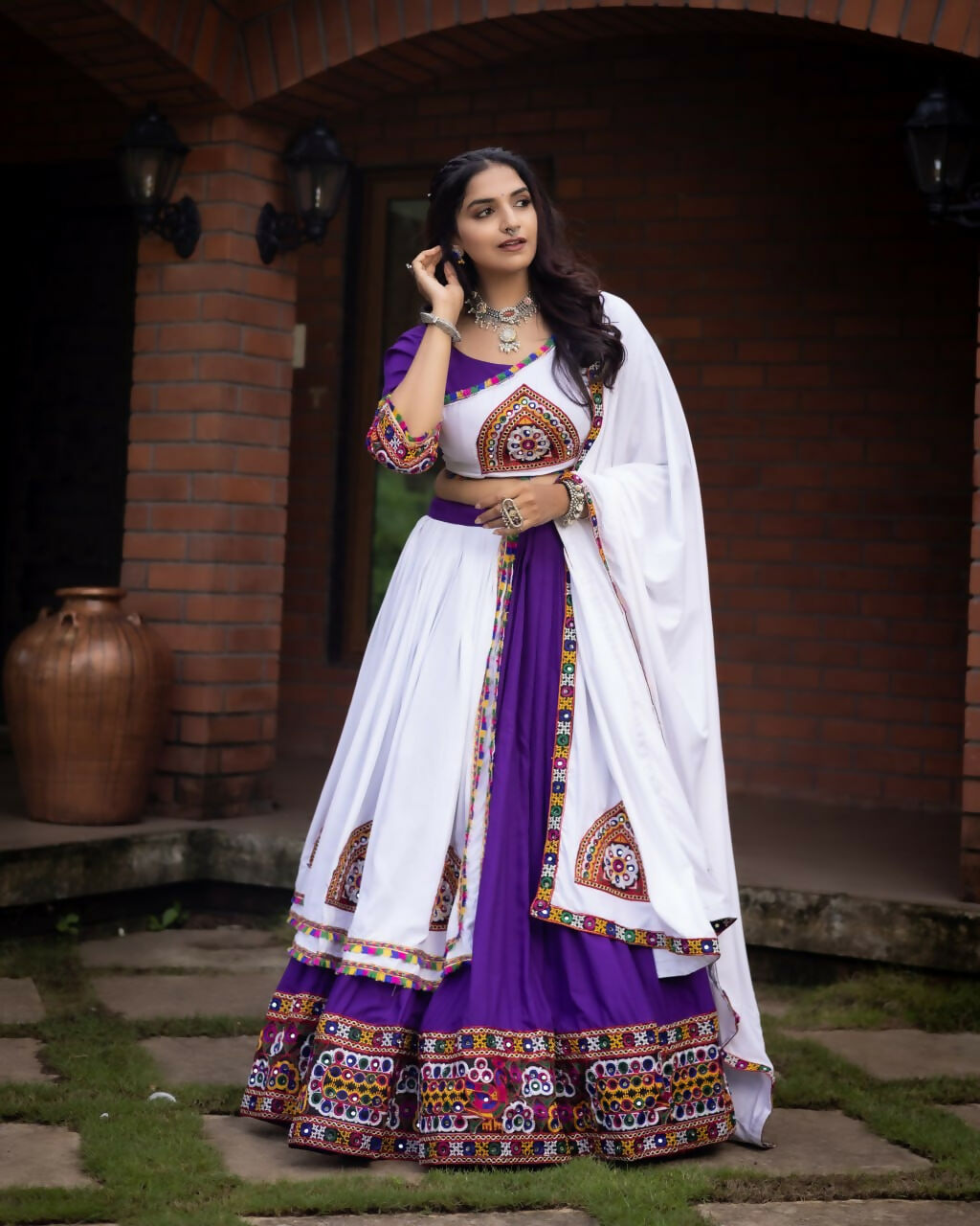 Yash Enterprise Purple White Rayon Cotton Embroidery Semi Stitched Navratri Top Chaniya Choli