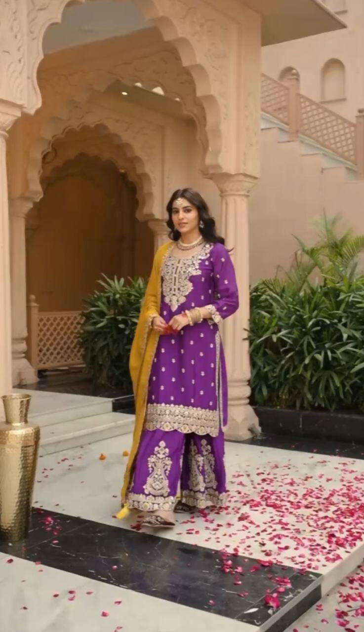 Teeya Creation Womens New Wedding Wear Heavy Embroidery Thread Work Purple Kurta Set