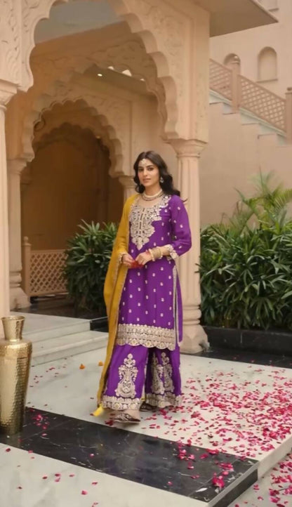 Teeya Creation Womens New Wedding Wear Heavy Embroidery Thread Work Purple Kurta Set