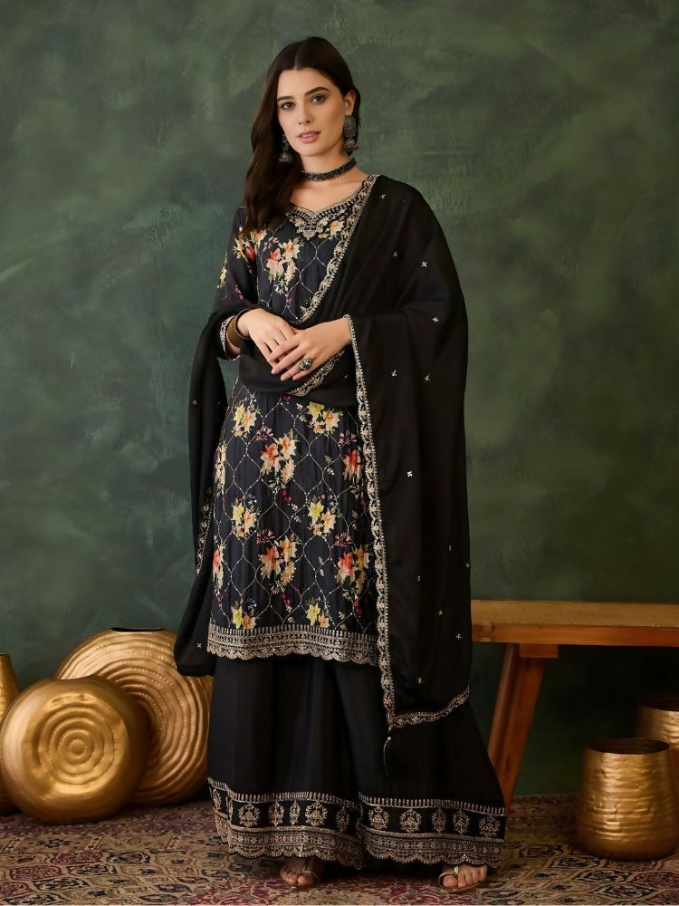 The52 Women's Gorgeous Embroidery Chinon Fabric Straight Kurta Palazzo and Dupatta Set