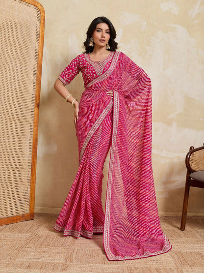 Teeya Creation New Trendy Leheriya Bandhani Georgette Saree For Daily Wear -Pink