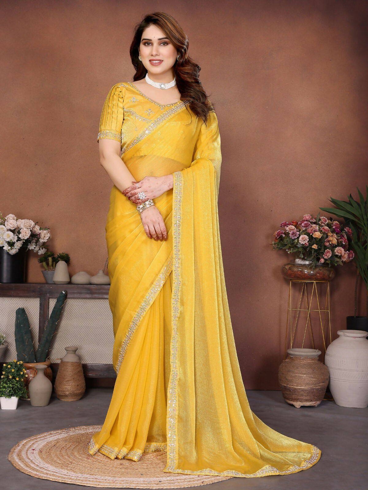 Teeya Creation Trendy Stylish Party Wear Fendy Chiffon Saree-Yellow