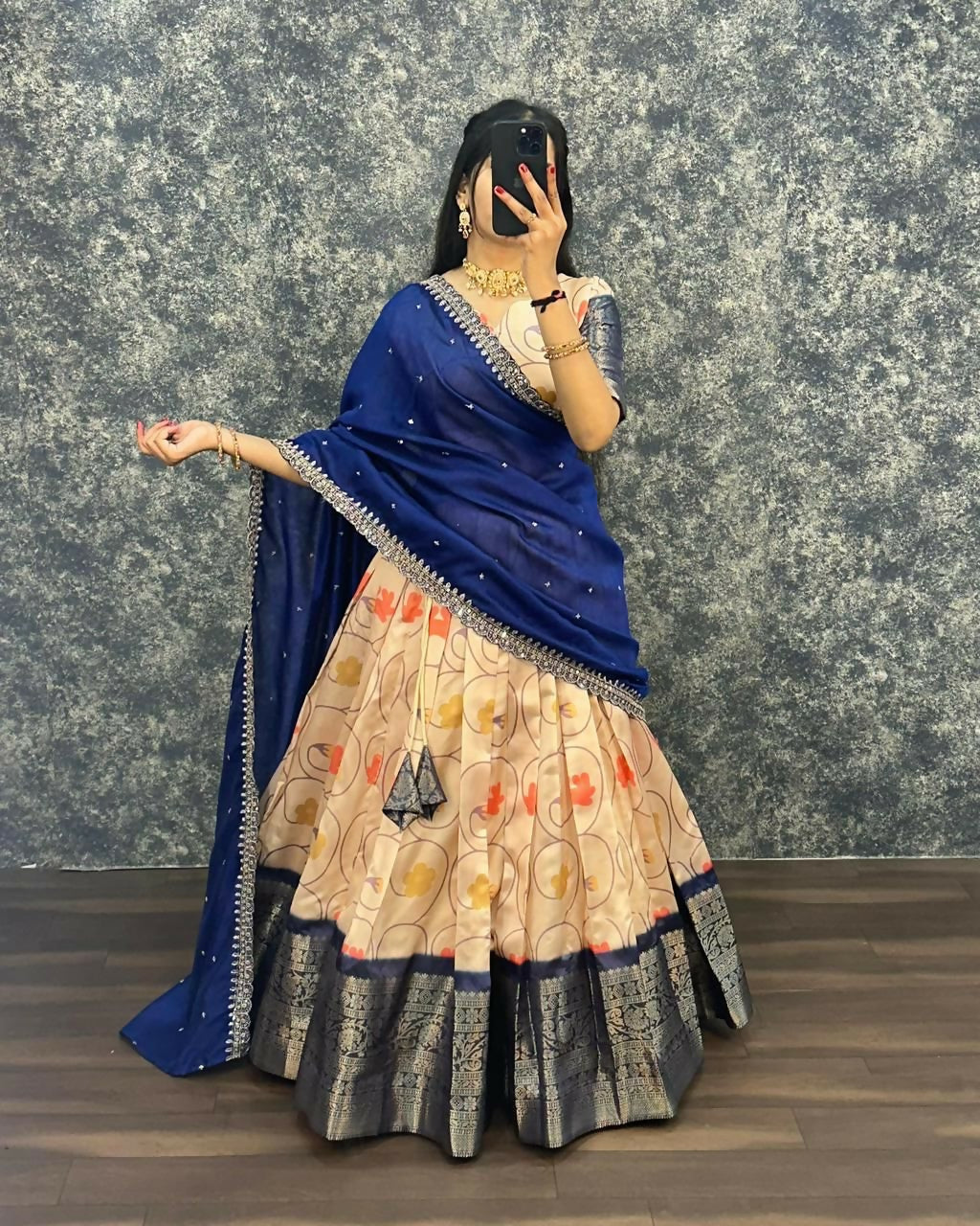 Teeya Creation Womens New Trendy Designer Blue Floral Lehenga Choli Set with Contrast Border and Dupatta Set