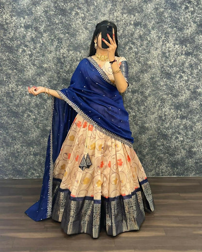 Teeya Creation Womens New Trendy Designer Blue Floral Lehenga Choli Set with Contrast Border and Dupatta Set