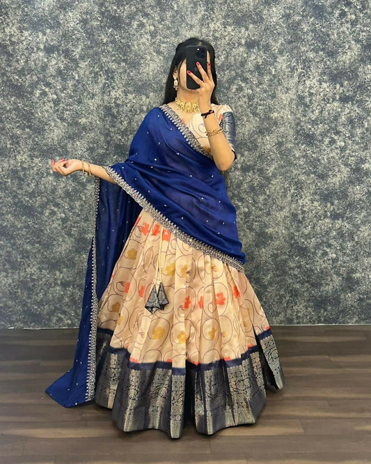 Teeya Creation Womens New Trendy Designer Blue Floral Lehenga Choli Set with Contrast Border and Dupatta Set