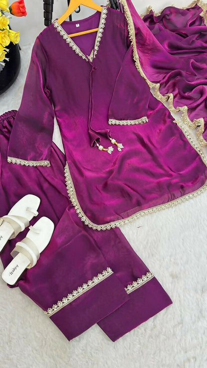 Teeya Creation New Trendy Elegant Wine Chanderi Silk Kurta Set with Delicate Lace Detailing and Matching Dupatta