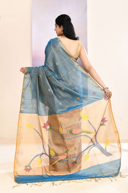 Piyari Fashion Women's Sky Blue Embellished Tissue Jamdani Saree