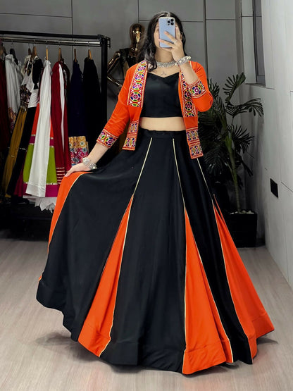 Yash Enterprise Orange Colored Rayon Cotton Embroidery Semi Stitched Navratri Top Chaniya Choli