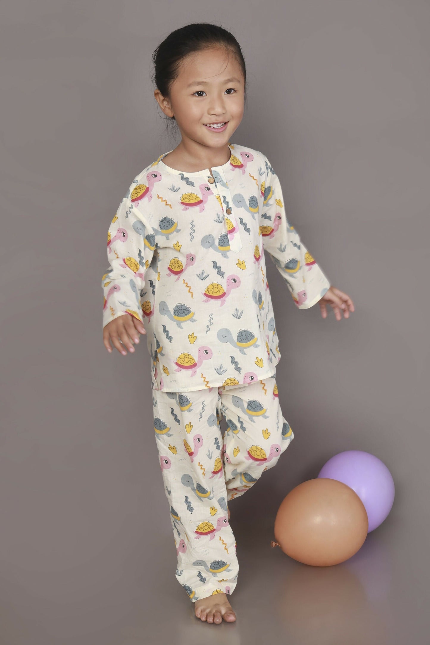 Breathables Kids Cotton Turtle Print Co-Ord Night Suit  White & Multi-Color