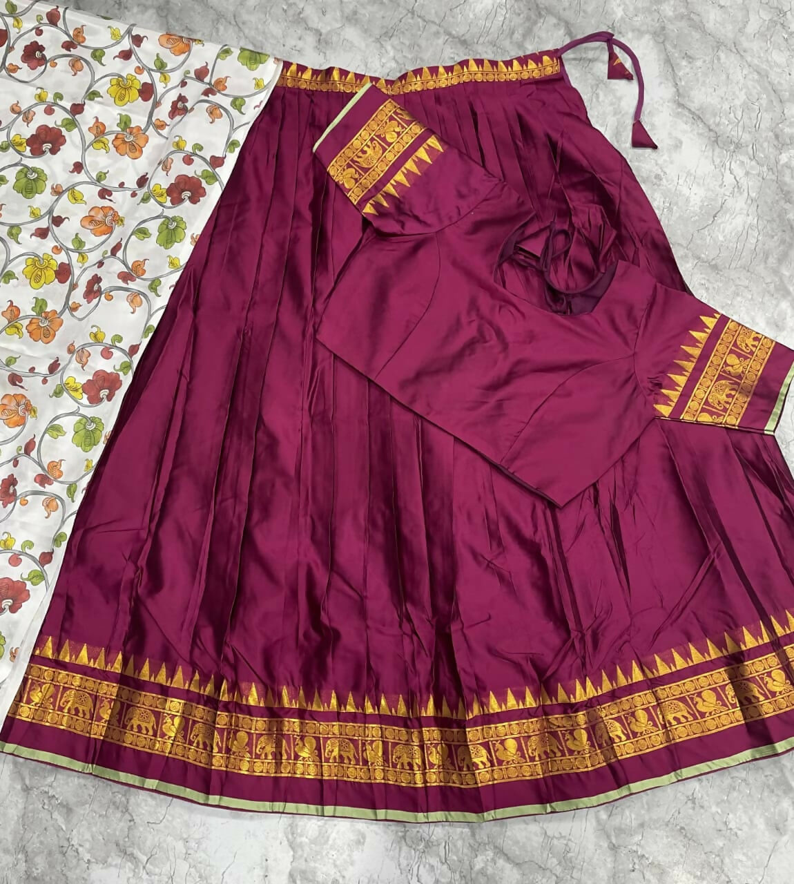 Teeya Creation Womens New Trendy Wine Traditional Pleated Lehenga Choli Set with Floral Printed Dupatta and Contrast Zari Border Set