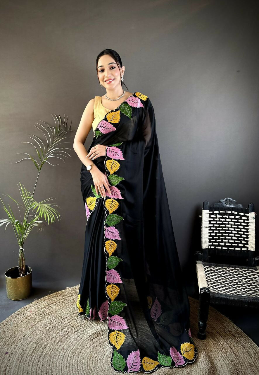 Prime Volt Multicolor Leaf Embroidery Rangoli Silk Saree with Scalloped Border-Black