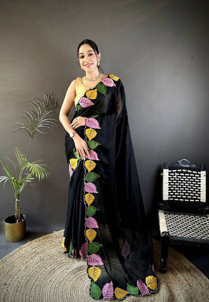 Prime Volt Multicolor Leaf Embroidery Rangoli Silk Saree with Scalloped Border-Black