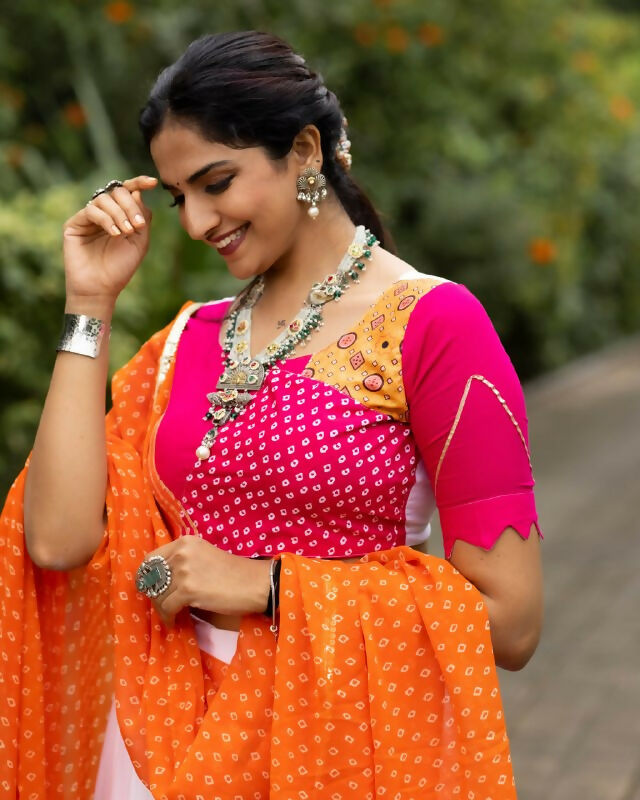 Yash Enterprise Orange Rayon Cotton Embroidery Semi Stitched Navratri Top Chaniya Choli