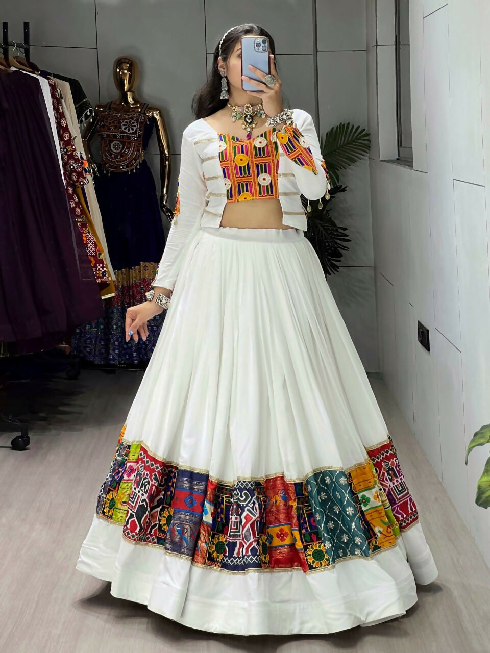Yash Enterprise White Rayon Cotton Embroidery Semi Stitched Navratri Chaniya Choli
