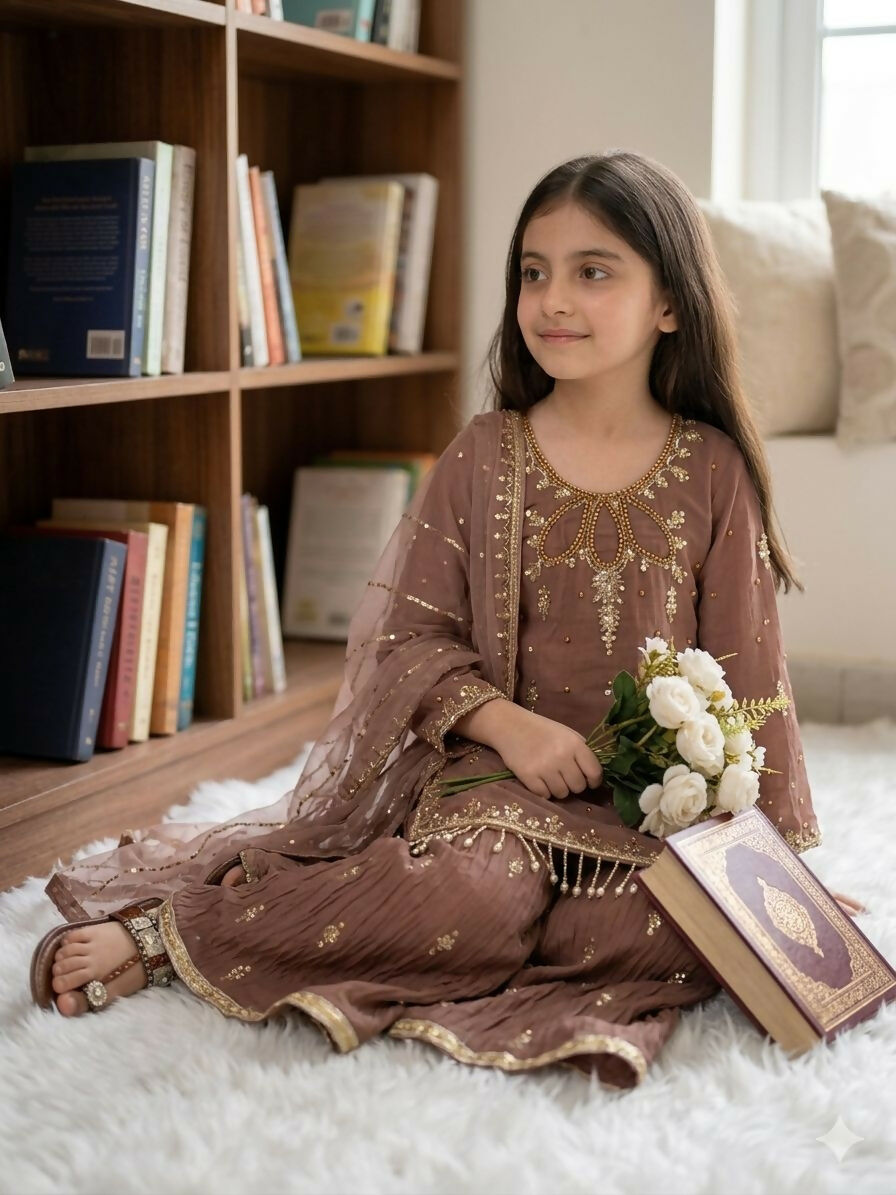 Teeya Creation New Latest Kids Trendy Ready to Wear Kurta Palazzo Set-Brown