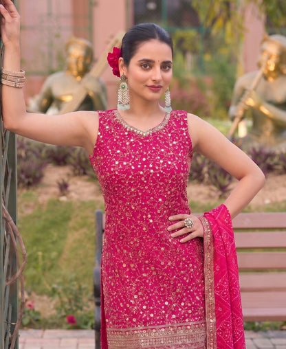 KC Pink Bandhani Printed Heavy Emrboidery Worked Sharara Suit Ethnic Wear