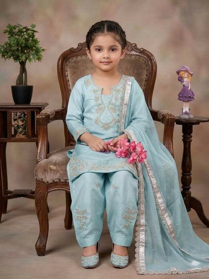 Teeya Creation Womens New Fancy Sky Blue Embroidered Kurta with Salwar & Dupatta Set Palazzo Set
