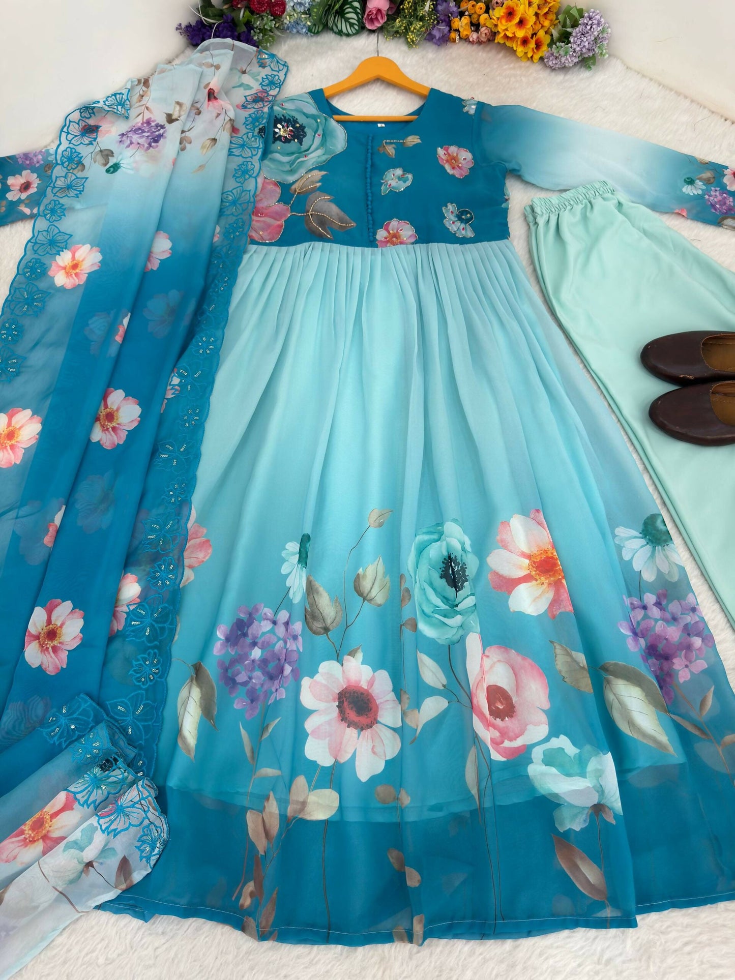 Teeya Creation Womens New Fancy Silk Heavy Quality Fabric With Handwork Sky-Blue Gown Set