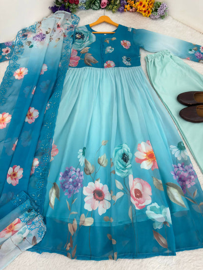 Teeya Creation Womens New Fancy Silk Heavy Quality Fabric With Handwork Sky-Blue Gown Set